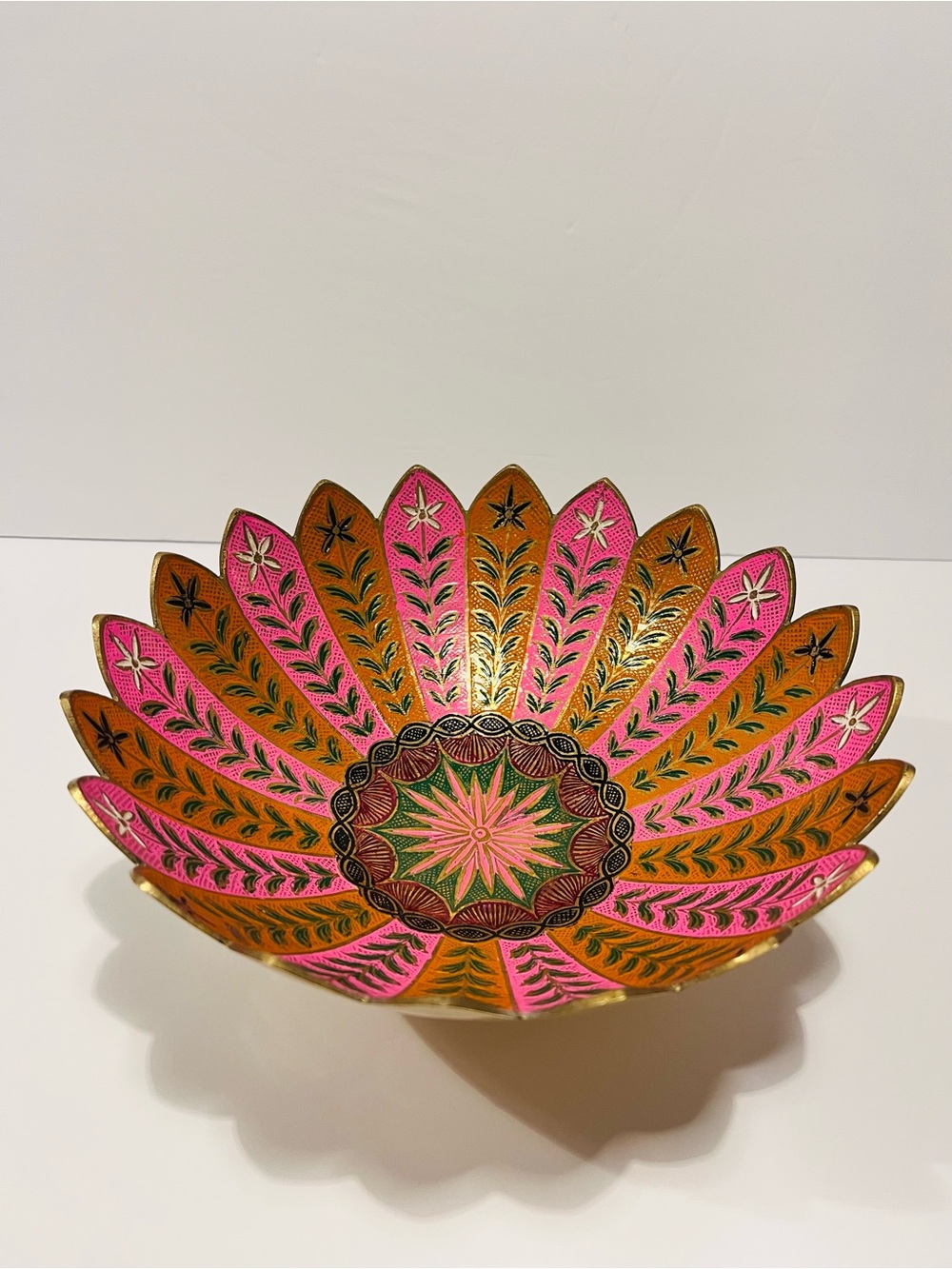 Vintage Boho Brass & Pink Enamelled Lotus Bowl by Sarreid Ltd 9” Diameter